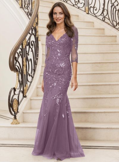 Mermaid V-Neck Lace/Tulle Mother Of The Bride Dresses With Sequins