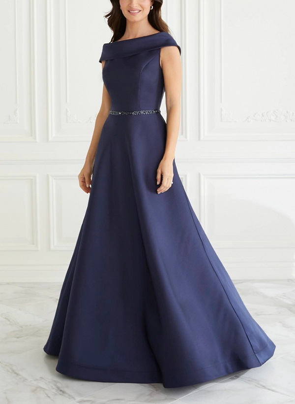 A-Line Scoop Neck Navy Satin Mother Of The Bride Dresses With Sash