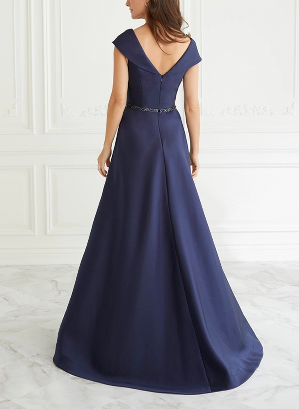 A-Line Scoop Neck Navy Satin Mother Of The Bride Dresses With Sash