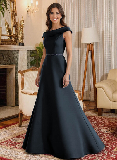 A-Line Scoop Neck Navy Satin Mother Of The Bride Dresses With Sash