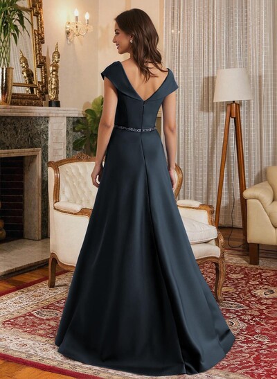 A-Line Scoop Neck Navy Satin Mother Of The Bride Dresses With Sash