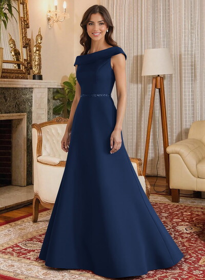 A-Line Scoop Neck Navy Satin Mother Of The Bride Dresses With Sash