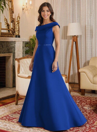 A-Line Scoop Neck Navy Satin Mother Of The Bride Dresses With Sash