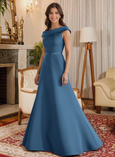 A-Line Scoop Neck Navy Satin Mother Of The Bride Dresses With Sash