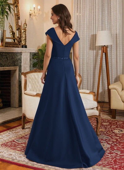 A-Line Scoop Neck Navy Satin Mother Of The Bride Dresses With Sash