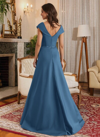A-Line Scoop Neck Navy Satin Mother Of The Bride Dresses With Sash