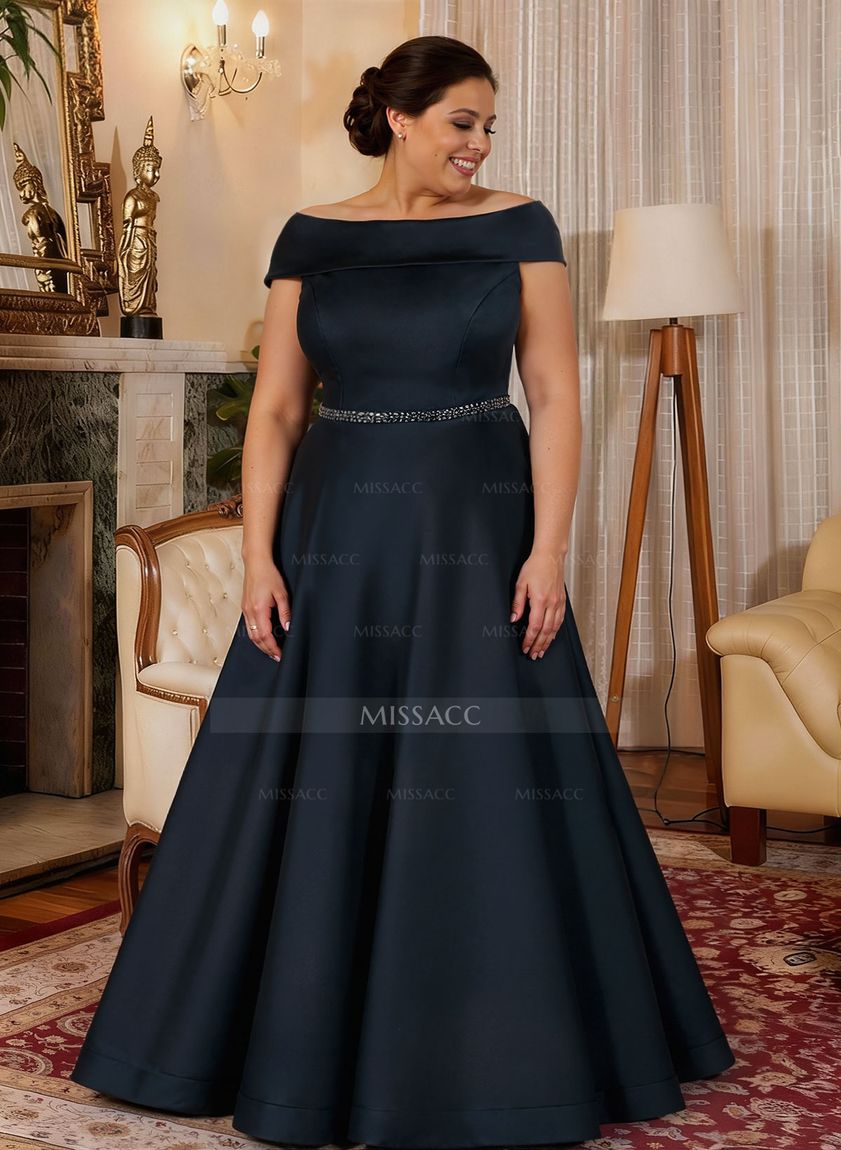 A-Line Scoop Neck Navy Satin Mother Of The Bride Dresses With Sash