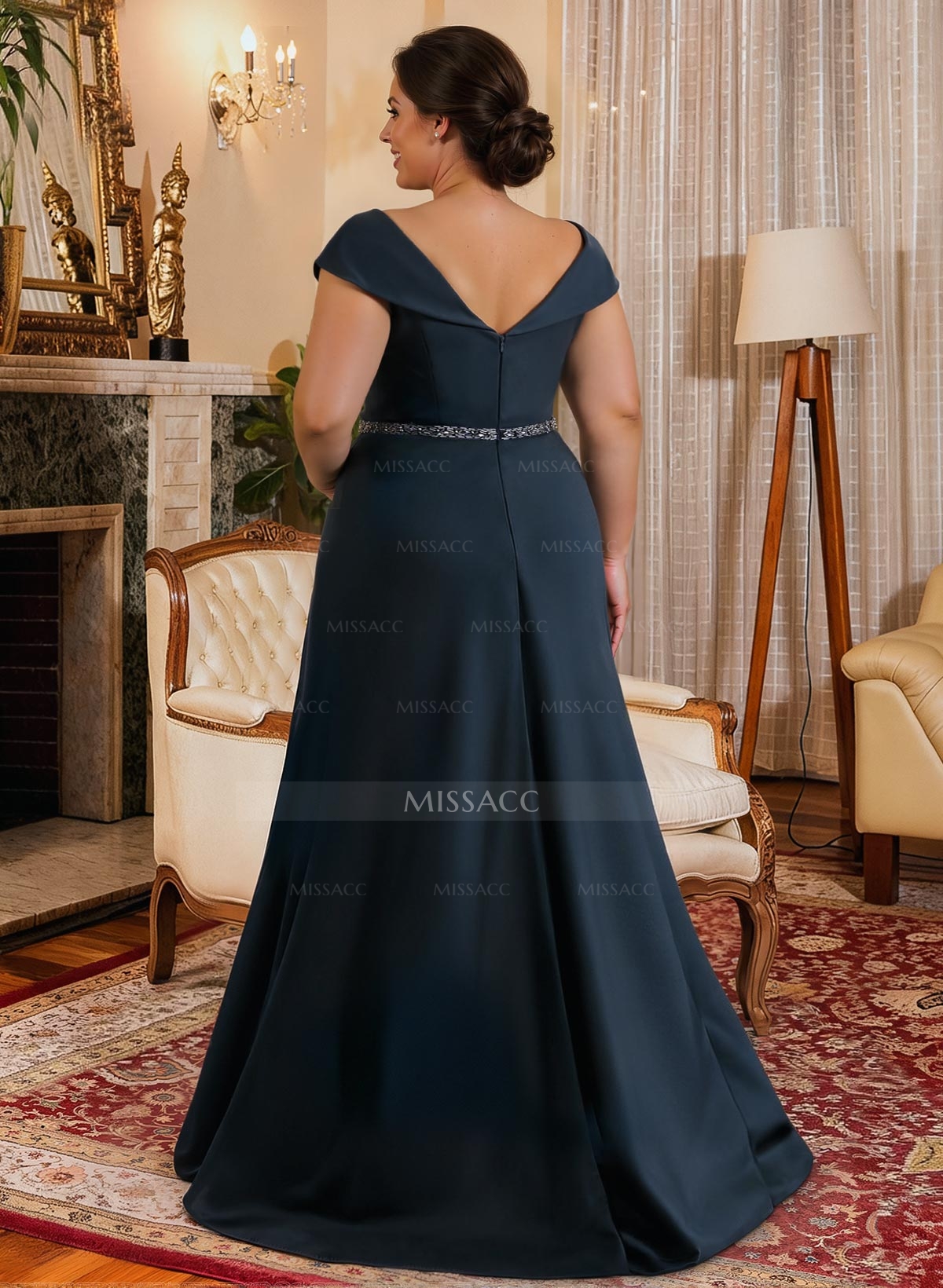 A-Line Scoop Neck Navy Satin Mother Of The Bride Dresses With Sash
