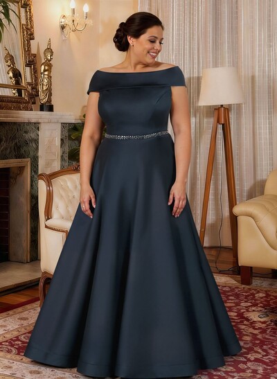 A-Line Scoop Neck Navy Satin Mother Of The Bride Dresses With Sash
