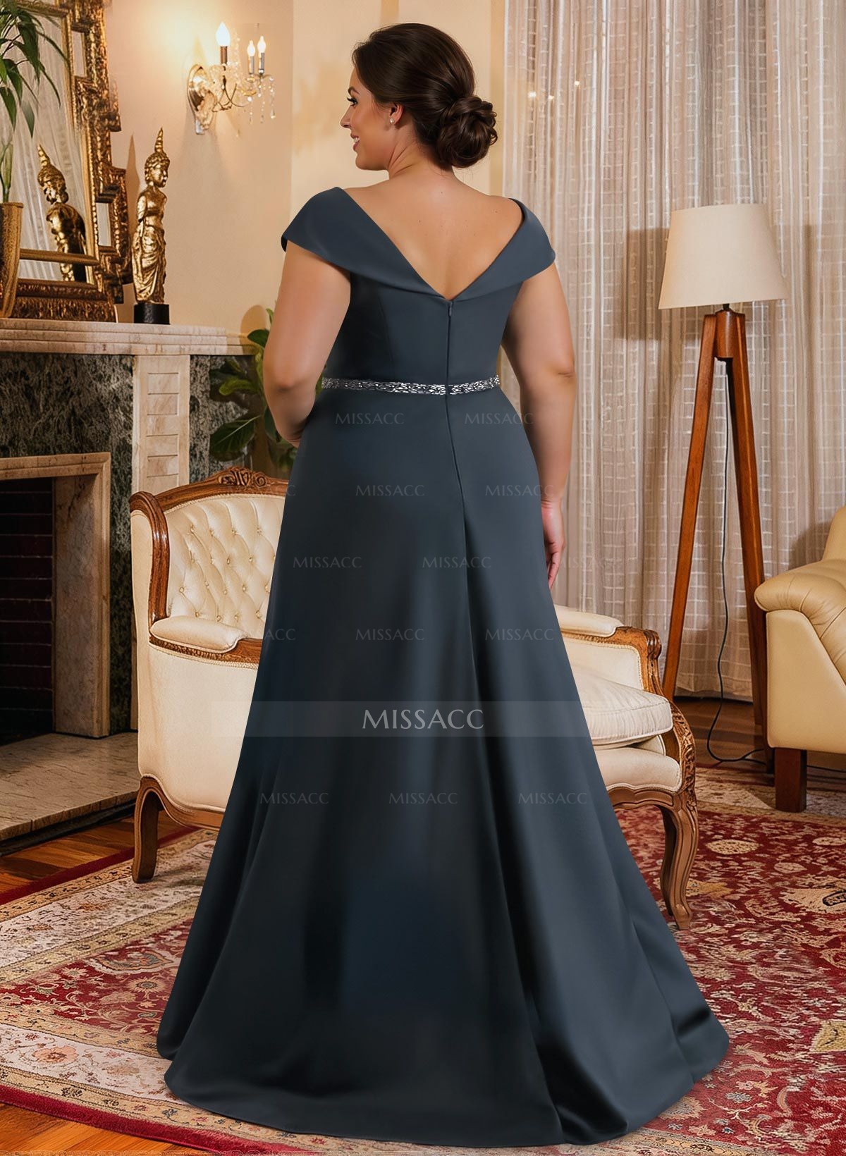 A-Line Scoop Neck Navy Satin Mother Of The Bride Dresses With Sash