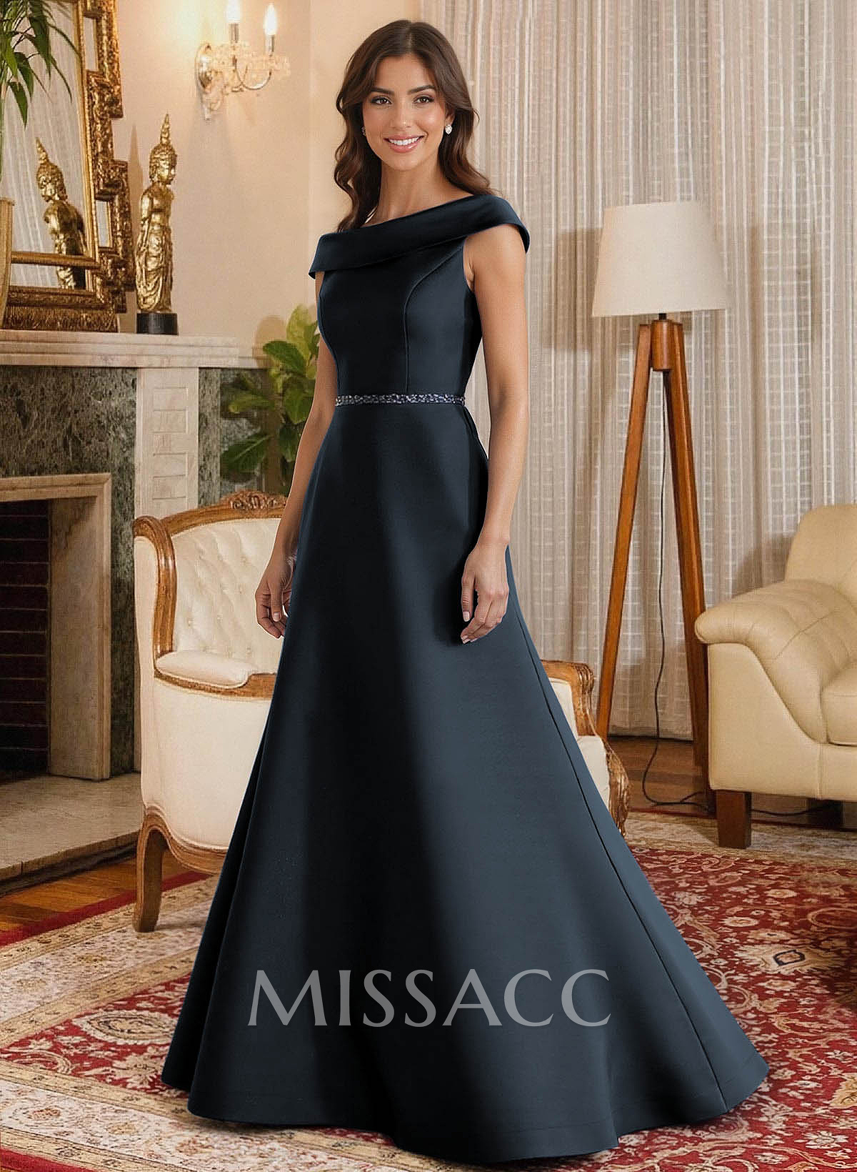 A-Line Scoop Neck Navy Satin Mother Of The Bride Dresses With Sash A-Line Scoop Neck Navy Satin Mother Of The Bride Dresses With Sash