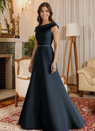 A-Line Scoop Neck Navy Satin Mother Of The Bride Dresses With Sash