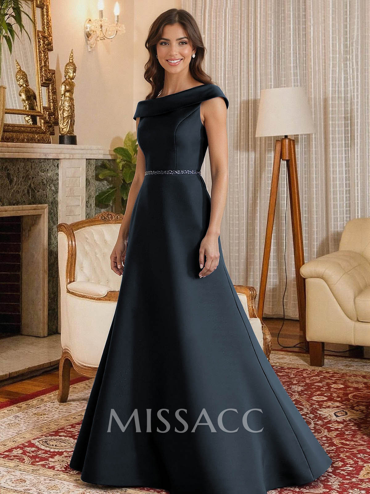 A-Line Scoop Neck Navy Satin Mother Of The Bride Dresses With Sash