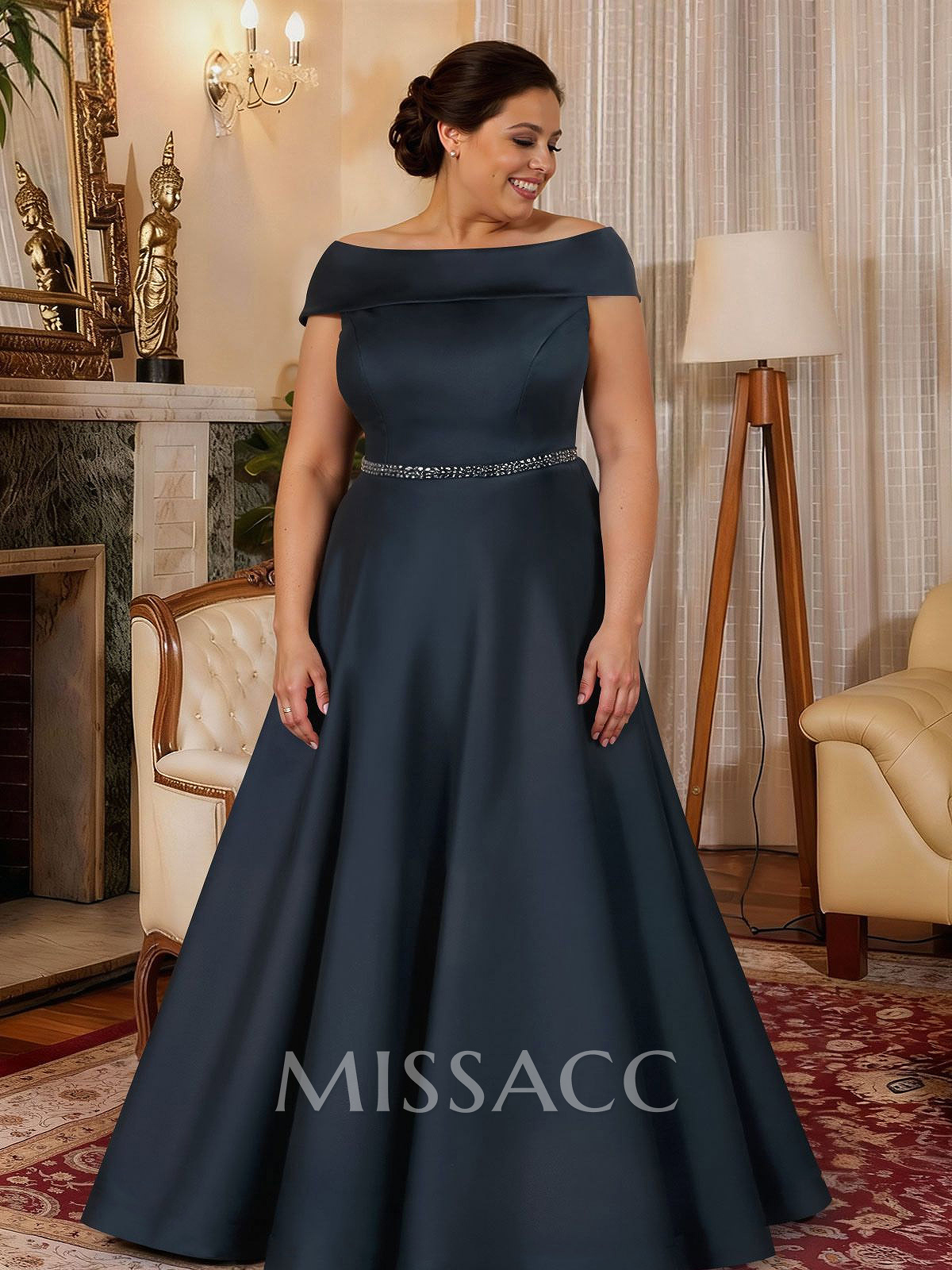 A-Line Scoop Neck Navy Satin Mother Of The Bride Dresses With Sash