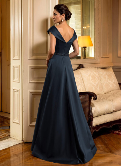 A-Line Scoop Neck Navy Satin Mother Of The Bride Dresses With Sash