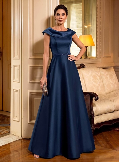 A-Line Scoop Neck Navy Satin Mother Of The Bride Dresses With Sash