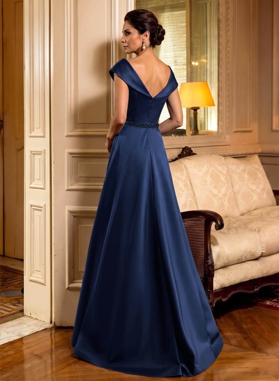 A-Line Scoop Neck Navy Satin Mother Of The Bride Dresses With Sash
