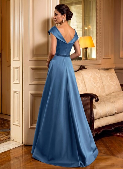 A-Line Scoop Neck Navy Satin Mother Of The Bride Dresses With Sash