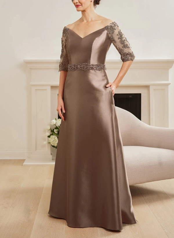 A-Line Off-The-Shoulder Lace/Satin Mother Of The Bride Dresses With Pockets