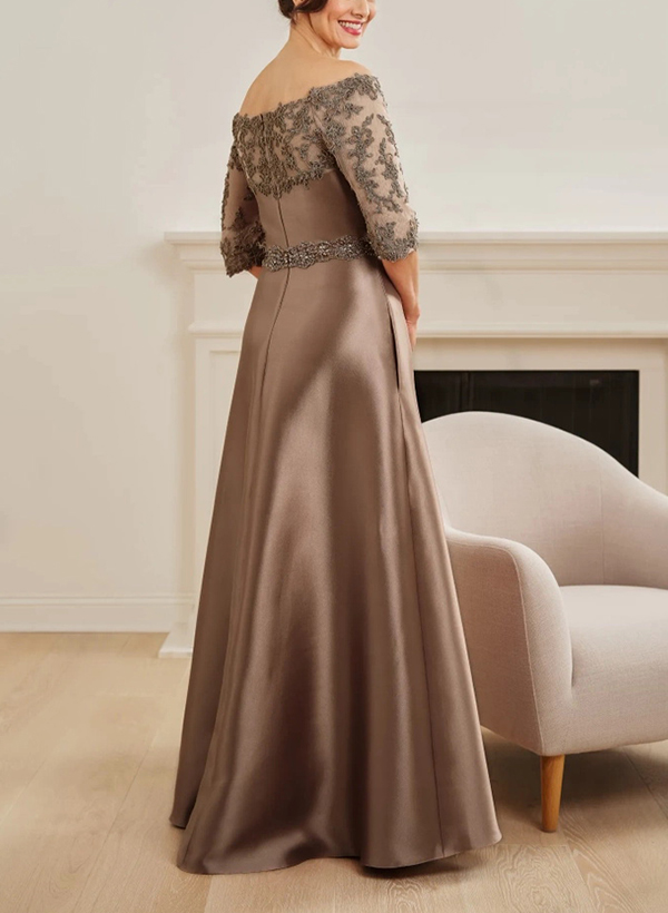 A-Line Off-The-Shoulder Lace/Satin Mother Of The Bride Dresses With Pockets