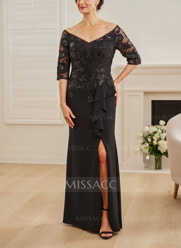 Sheath/Column Lace/Elastic Satin Mother Of The Bride Dresses With Split Front/Sequins