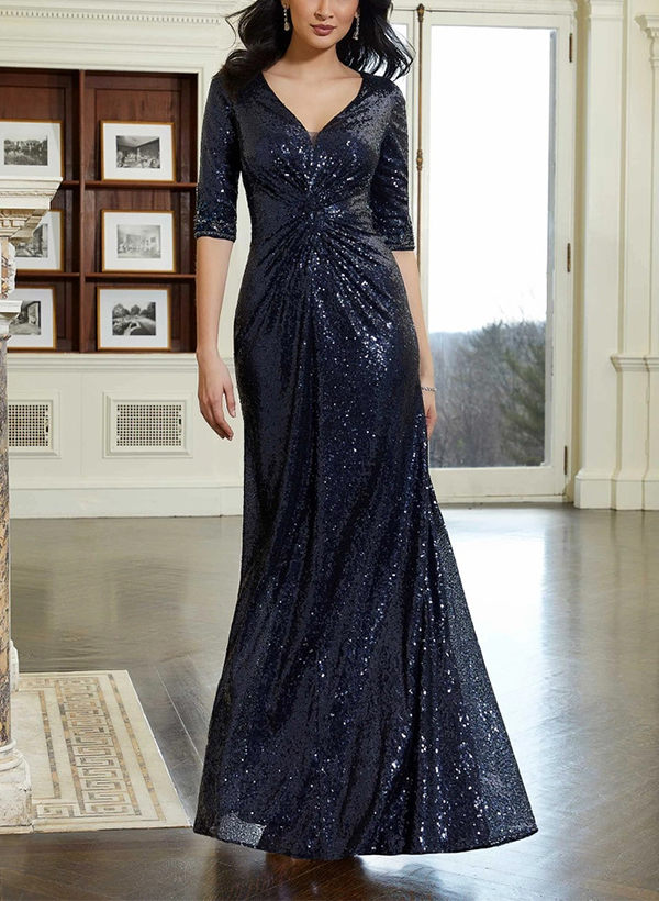 Trumpet/Mermaid V-Neck Navy Sequined Mother Of The Bride Dresses