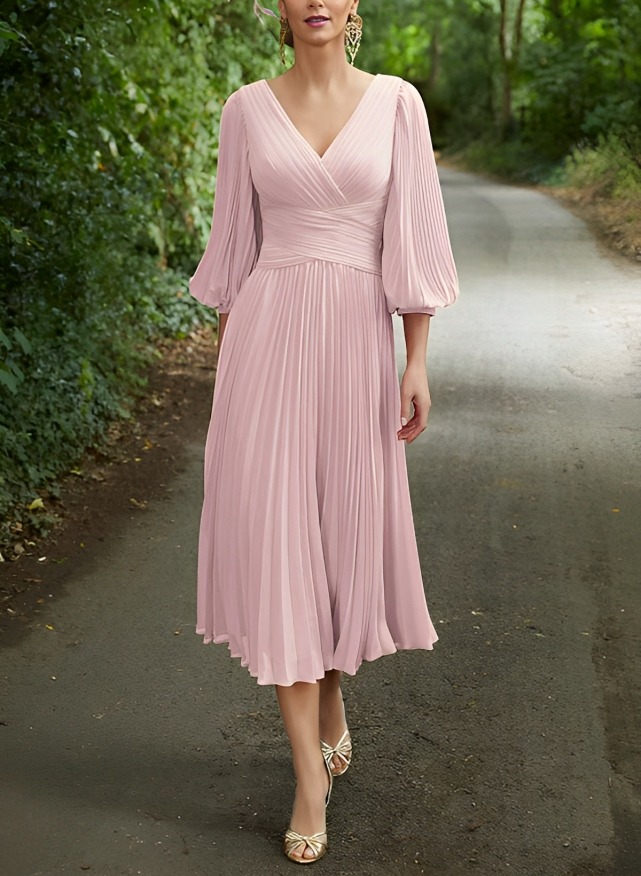 A-Line V-Neck 3/4 Sleeves Tea-Length Chiffon Mother Of The Bride Dresses With Pleated