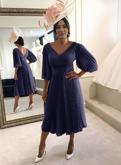 A-Line V-Neck 3/4 Sleeves Tea-Length Chiffon Mother Of The Bride Dresses With Pleated A-Line V-Neck 3/4 Sleeves Tea-Length Chiffon Mother Of The Bride Dresses With Pleated