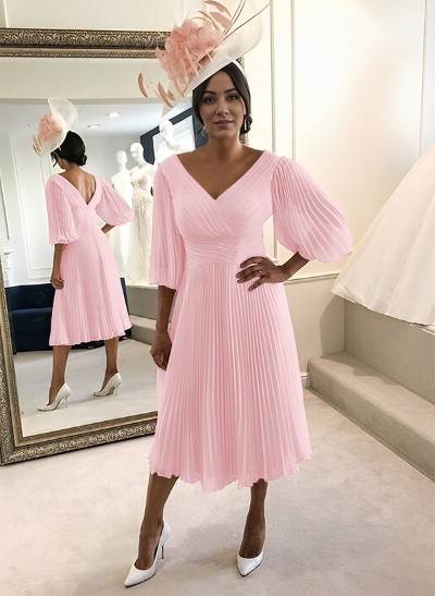 A-Line V-Neck 3/4 Sleeves Tea-Length Chiffon Mother Of The Bride Dresses With Pleated