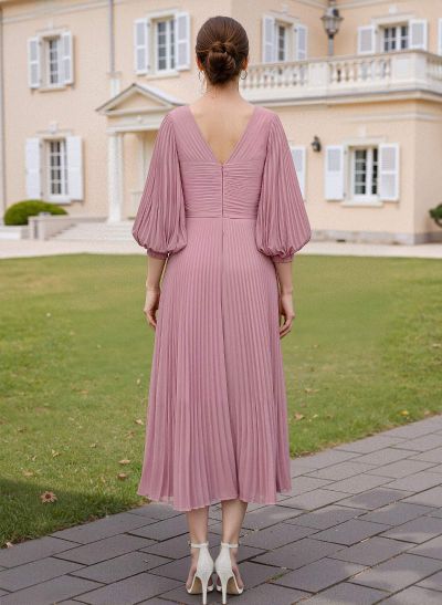 A-Line V-Neck 3/4 Sleeves Tea-Length Chiffon Mother Of The Bride Dresses With Pleated