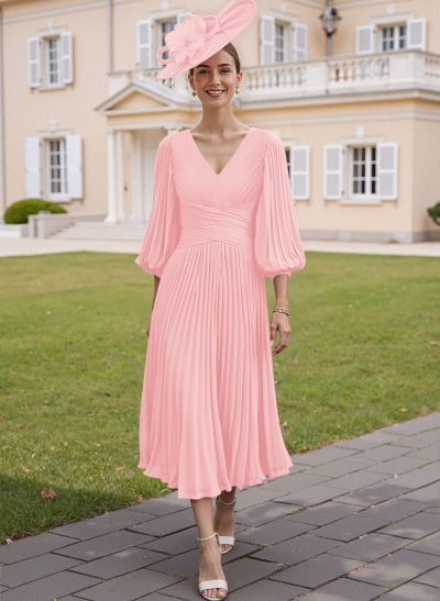 A-Line V-Neck 3/4 Sleeves Tea-Length Chiffon Mother Of The Bride Dresses With Pleated