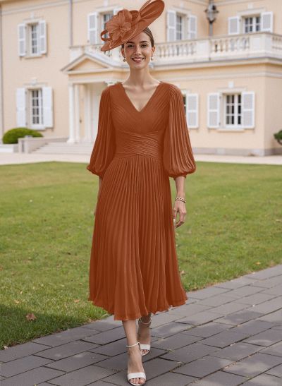 A-Line V-Neck 3/4 Sleeves Tea-Length Chiffon Mother Of The Bride Dresses With Pleated