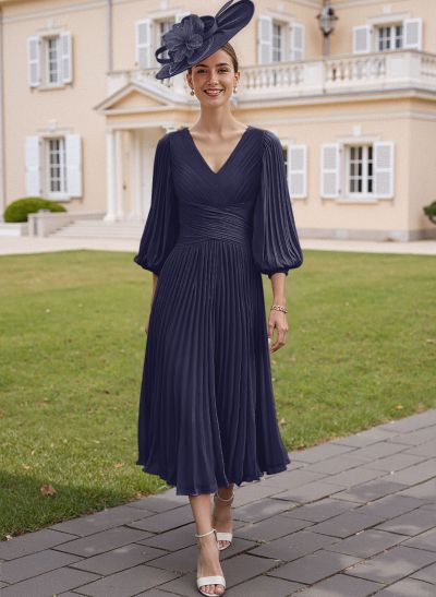 A-Line V-Neck 3/4 Sleeves Tea-Length Chiffon Mother Of The Bride Dresses With Pleated A-Line V-Neck 3/4 Sleeves Tea-Length Chiffon Mother Of The Bride Dresses With Pleated
