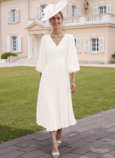 A-Line V-Neck 3/4 Sleeves Tea-Length Chiffon Mother Of The Bride Dresses With Pleated A-Line V-Neck 3/4 Sleeves Tea-Length Chiffon Mother Of The Bride Dresses With Pleated