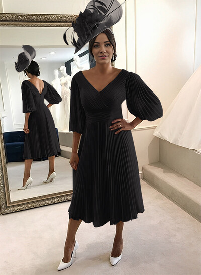 A-Line V-Neck 3/4 Sleeves Tea-Length Chiffon Mother Of The Bride Dresses With Pleated