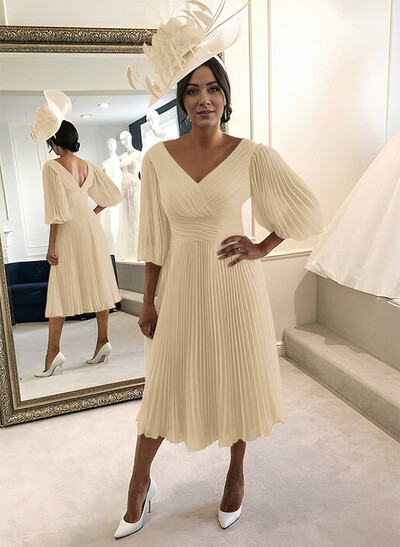 A-Line V-Neck 3/4 Sleeves Tea-Length Chiffon Mother Of The Bride Dresses With Pleated