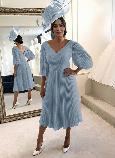 A-Line V-Neck 3/4 Sleeves Tea-Length Chiffon Mother Of The Bride Dresses With Pleated