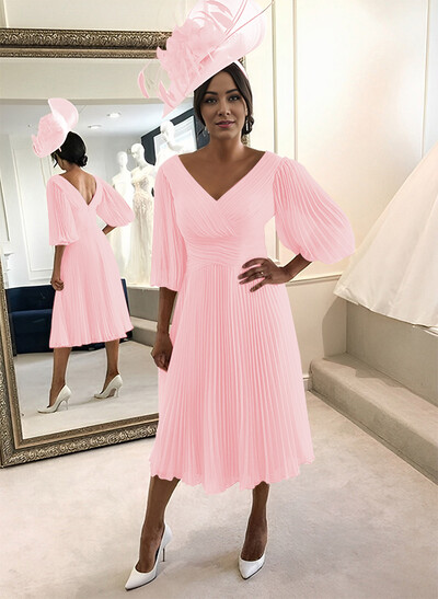 A-Line V-Neck 3/4 Sleeves Tea-Length Chiffon Mother Of The Bride Dresses With Pleated