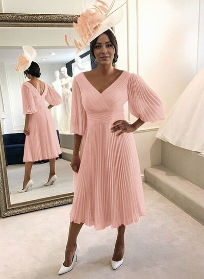 A-Line V-Neck 3/4 Sleeves Tea-Length Chiffon Mother Of The Bride Dresses With Pleated