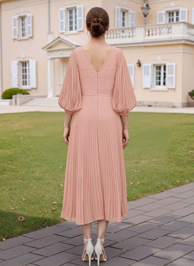A-Line V-Neck 3/4 Sleeves Tea-Length Chiffon Mother Of The Bride Dresses With Pleated