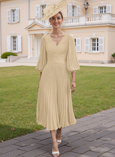 A-Line V-Neck 3/4 Sleeves Tea-Length Chiffon Mother Of The Bride Dresses With Pleated