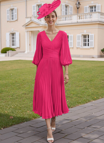 A-Line V-Neck 3/4 Sleeves Tea-Length Chiffon Mother Of The Bride Dresses With Pleated