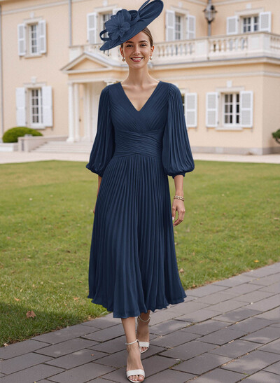 A-Line V-Neck 3/4 Sleeves Tea-Length Chiffon Mother Of The Bride Dresses With Pleated