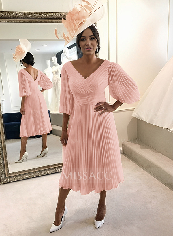 A-Line V-Neck 3/4 Sleeves Tea-Length Chiffon Mother Of The Bride Dresses With Pleated