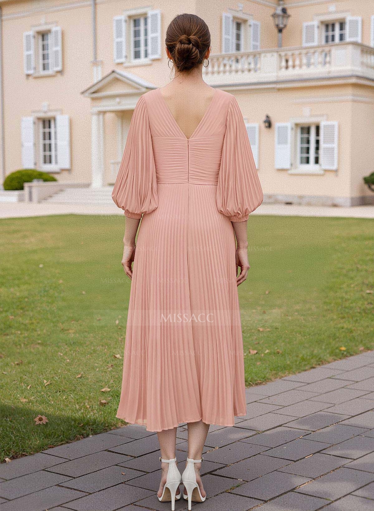 A-Line V-Neck 3/4 Sleeves Tea-Length Chiffon Mother Of The Bride Dresses With Pleated