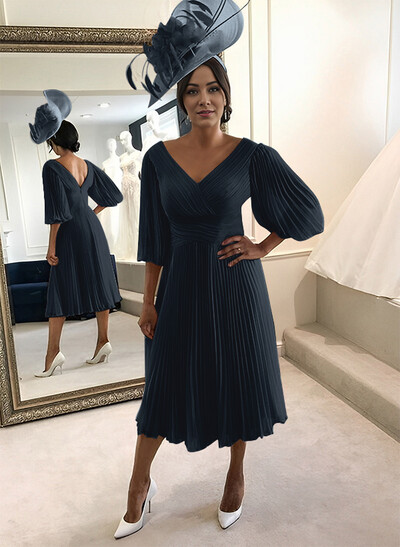 A-Line V-Neck 3/4 Sleeves Tea-Length Chiffon Mother Of The Bride Dresses With Pleated