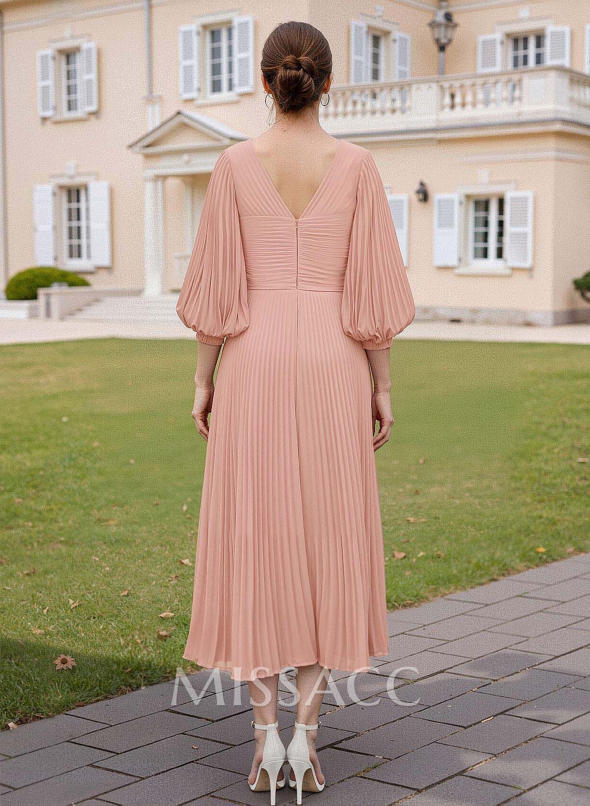 A-Line V-Neck 3/4 Sleeves Tea-Length Chiffon Mother Of The Bride Dresses With Pleated