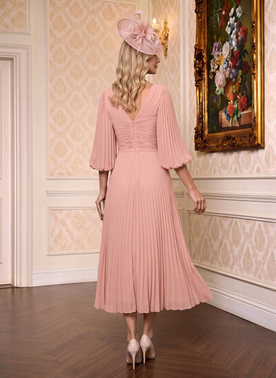 A-Line V-Neck 3/4 Sleeves Tea-Length Chiffon Mother Of The Bride Dresses With Pleated