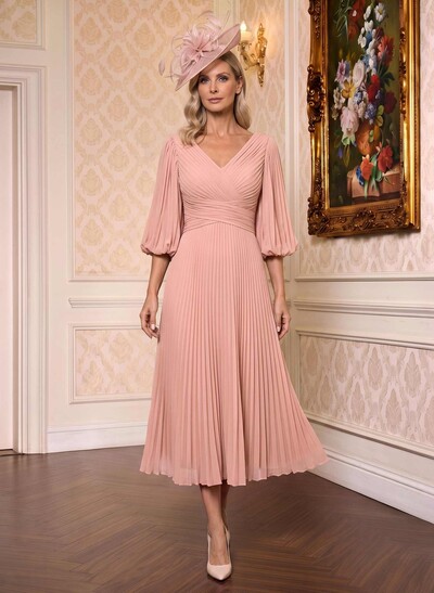 A-Line V-Neck 3/4 Sleeves Tea-Length Chiffon Mother Of The Bride Dresses With Pleated