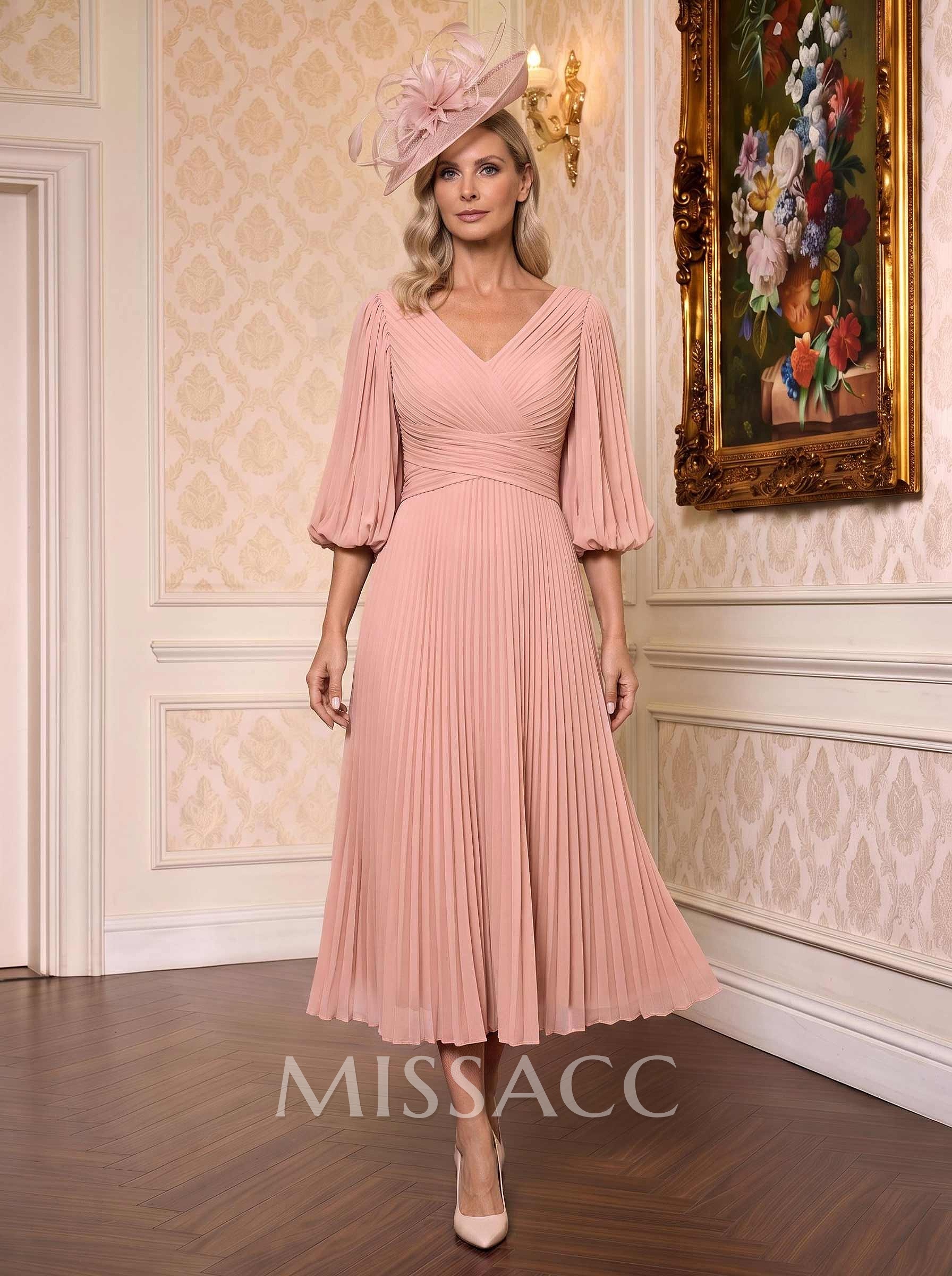 A-Line V-Neck 3/4 Sleeves Tea-Length Chiffon Mother Of The Bride Dresses With Pleated A-Line V-Neck 3/4 Sleeves Tea-Length Chiffon Mother Of The Bride Dresses With Pleated